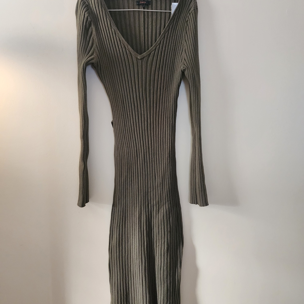 Quince Olive Ribbed Long Sleeve Sweater Dress
